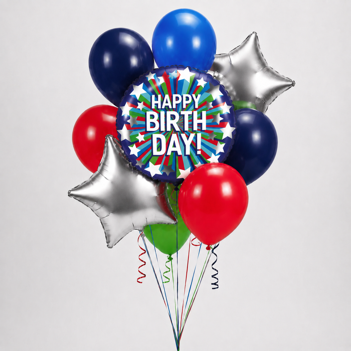 A cluster of patriotic birthday balloons on a light gray background, including a central round foil balloon that reads 'HAPPY BIRTH DAY!' with red, white, and blue stars and stripes, plus navy, blue, red, silver, and green balloons.
