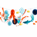 Under The Sea Garland Set with 3 hanging garlands featuring an orange honeycomb octopus, fish, shark, coral, seaweed, shells, rosettes, and silver accents on a white background.