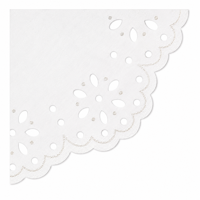 White Lace Style Small Napkin with scalloped edges, floral cutouts, and subtle stitched-style details on a white background.