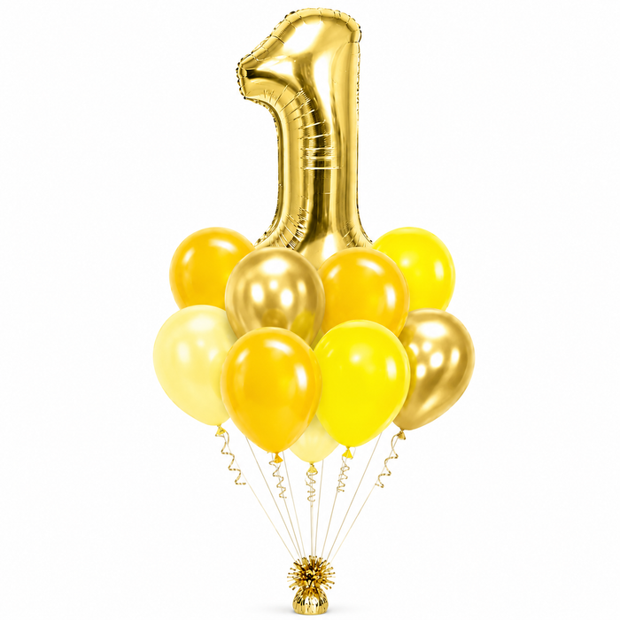 Gold and sunshine custom number balloon bouquet with large gold number balloon and coordinating yellow, pastel yellow, and gold balloons.