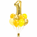 Gold and sunshine custom number balloon bouquet with large gold number balloon and coordinating yellow, pastel yellow, and gold balloons.