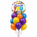Thank You balloon bouquet with round thank-you balloon and colorful purple, orange, blue, and yellow balloons.