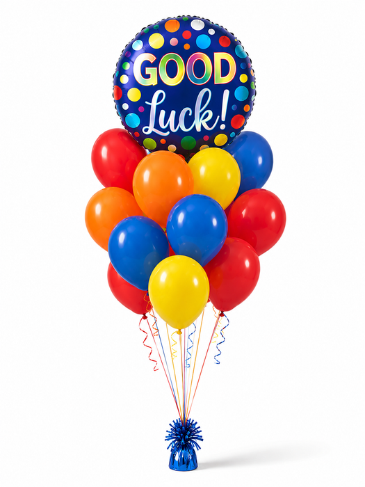 Good Luck balloon bouquet with round polka dot good luck balloon and colorful red, orange, yellow, and blue balloons.