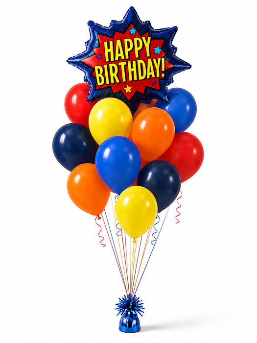 Superhero Happy Birthday balloon bouquet with comic-style burst balloon and red, orange, yellow, blue, and navy balloons.