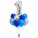 Blue and silver custom number balloon bouquet with large silver number balloon and coordinating blue, light blue, and silver balloons.