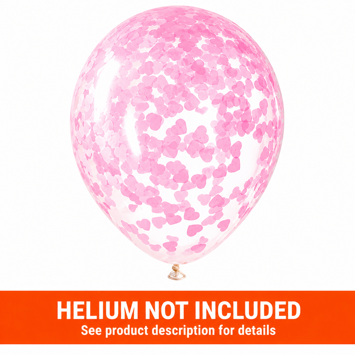 Clear 16-inch latex balloon filled with pink heart-shaped confetti on a white background with 'Helium Not Included' text.