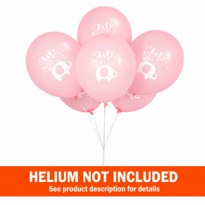 Pink Floral Elephant 12-inch latex balloons with white elephant artwork, floral accents, and “BABY” text arranged in a balloon bouquet, labeled 'Helium Not Included'.