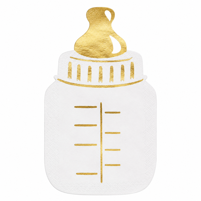 Baby bottle shaped napkin with white background, metallic gold foil nipple, bottle details, and measurement marks.