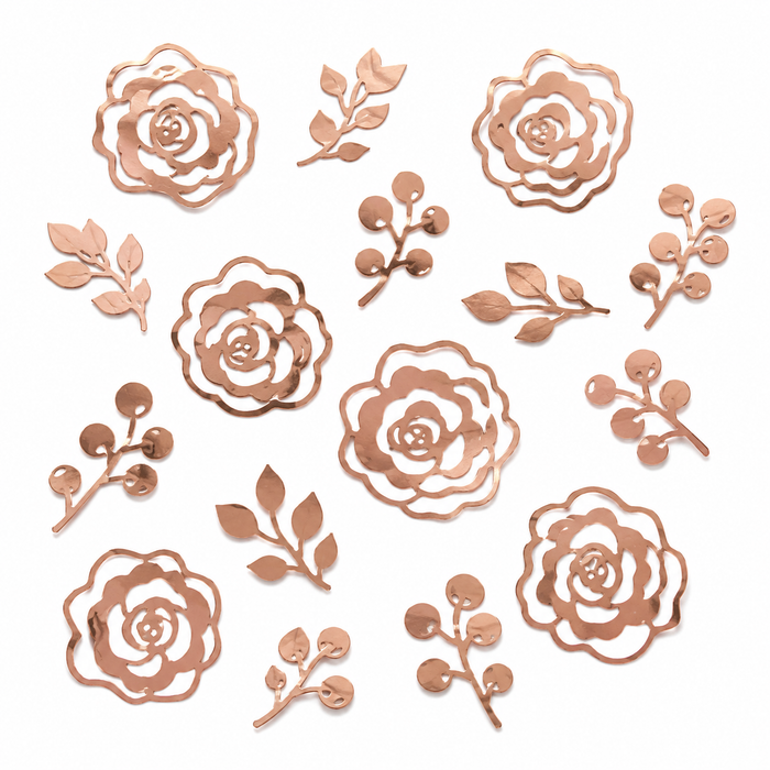 Assorted Floral Table Scatter with metallic rose gold flower, leaf, and berry branch cutouts arranged on a white background.