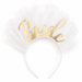 Gold Bride headband with shiny script lettering, soft white tulle, and white headband on a white background.