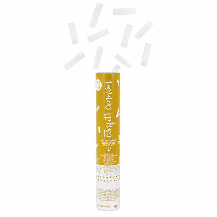 Gold and white confetti cannon with white rectangular confetti bursting from the top on a white background.