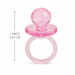 Pink crystal plastic pacifier favor with translucent finish, shown upright on a white background with a 1 inch height measurement.