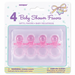 Packaging of 4 pink plastic pacifier baby shower favors in a clear blister pack on a pastel card with star accents, warning text, and multilingual baby shower favor labeling.