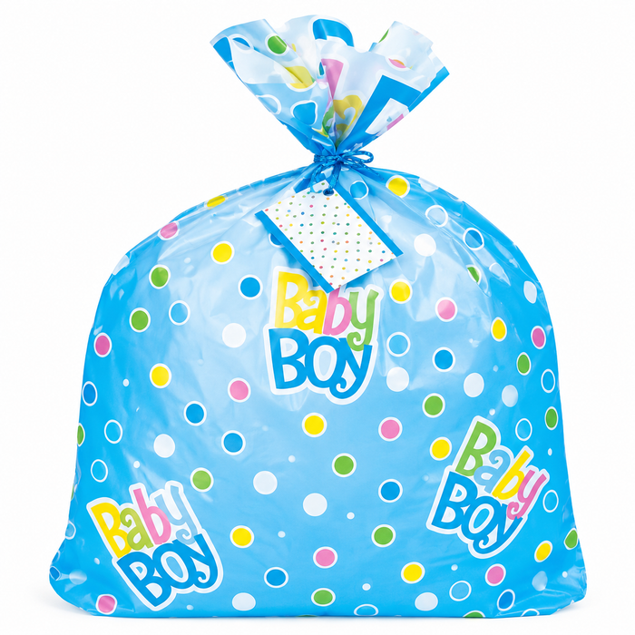 Blue Dots Baby Shower jumbo gift bag with colorful polka dots, “Baby Boy” graphics, matching tie closure, and gift tag.