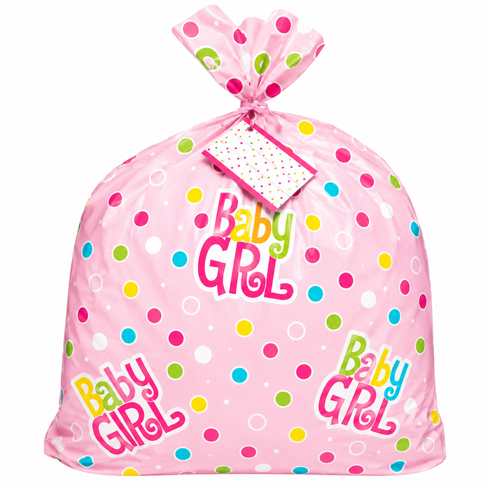 Jumbo Pink Dots baby shower gift bag with colorful polka dots, “Baby Girl” graphics, matching tie closure, and gift tag.