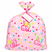 Jumbo Pink Dots baby shower gift bag with colorful polka dots, “Baby Girl” graphics, matching tie closure, and gift tag.