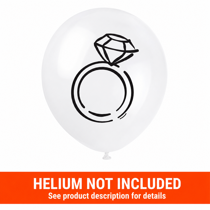 White 12-inch latex balloon with black diamond ring graphic and orange “Helium Not Included” banner at the bottom.