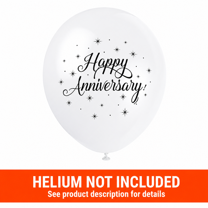 White 12-inch Happy Anniversary latex balloon with black script lettering, starburst accents, and orange “Helium Not Included” banner at the bottom.