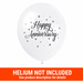White 12-inch Happy Anniversary latex balloon with black script lettering, starburst accents, and orange “Helium Not Included” banner at the bottom.