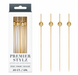 Gold bamboo cocktail picks with round bead accents shown beside white Premier Stylz packaging on a white background.