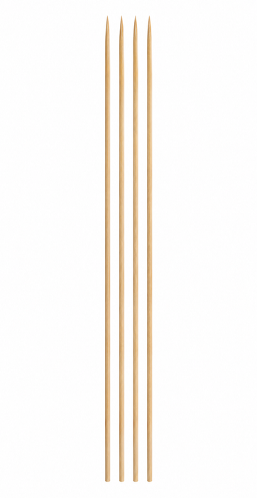 Natural bamboo skewers with pointed tips arranged vertically on a white background.