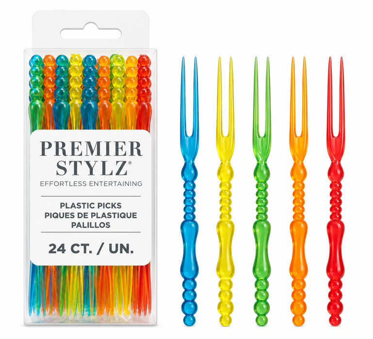 Assorted colorful pitchfork picks in blue, yellow, green, orange, and red with Premier Stylz packaging on a white background.