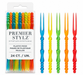 Assorted colorful pitchfork picks in blue, yellow, green, orange, and red with Premier Stylz packaging on a white background.