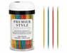 Assorted toothpick dispenser with colorful red, yellow, blue, and green condiment picks in a clear Premier Stylz container.