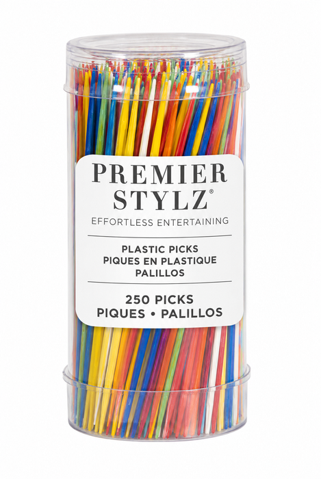Cocktail Picks in a 250-count clear Premier Stylz container with assorted colorful plastic picks on a white background.