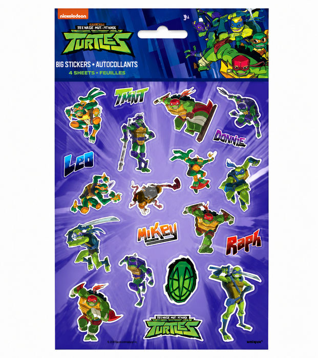 TMNT sticker sheet pack with Teenage Mutant Ninja Turtles character stickers, logo graphics, and purple packaging.