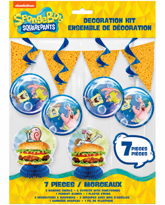 SpongeBob SquarePants 7-piece decoration kit with hanging swirls, character cutouts, honeycomb decorations, pennant banner, and yellow packaging.