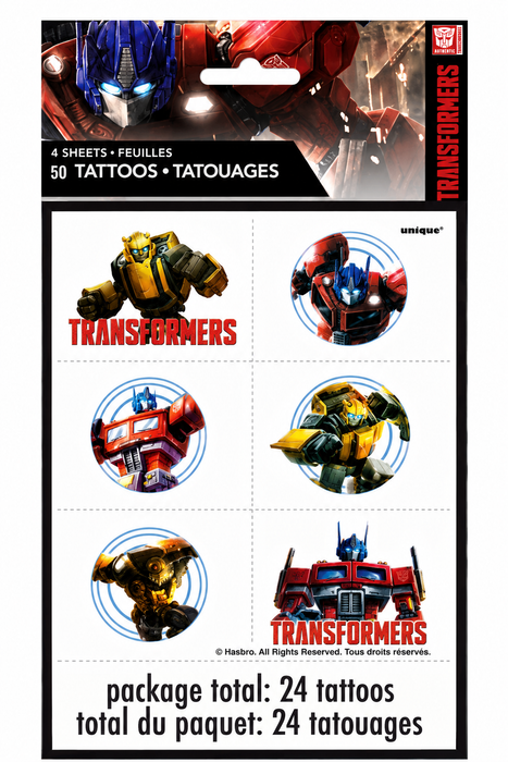 Transformers temporary tattoo pack with character artwork, logo designs, and robot-themed graphics in black packaging.