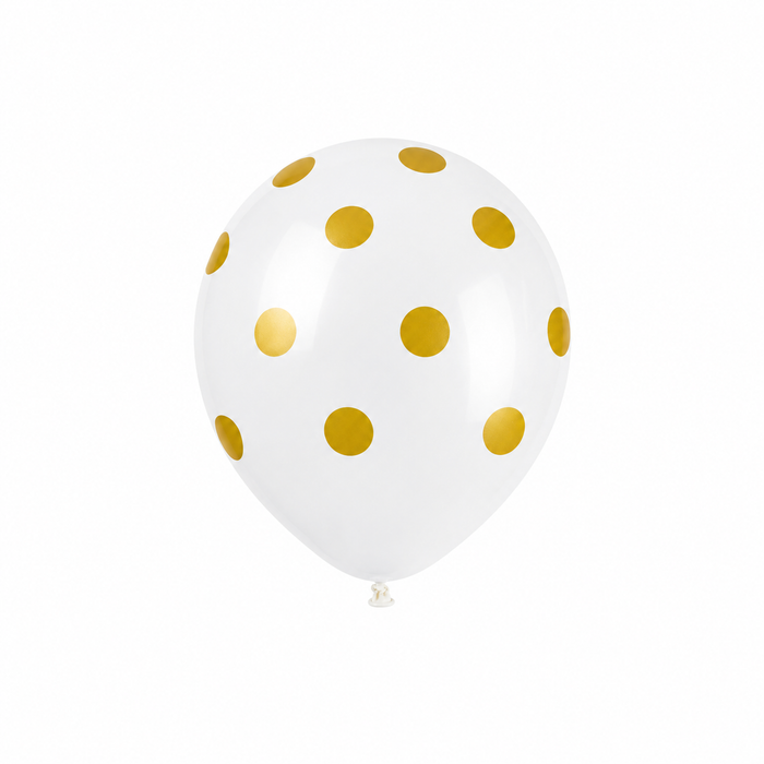 White 12-inch latex balloon with metallic gold polka dots.