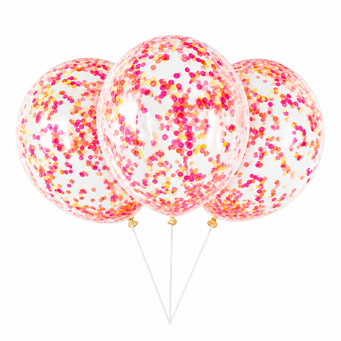 Clear 12-inch latex balloons filled with neon pink, orange, and yellow confetti .