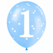 Light blue 12-inch first birthday latex balloon with white number 1, white confetti accents.