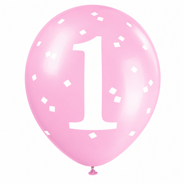 Pink 12-inch first birthday latex balloon with white number 1, white confetti accents.