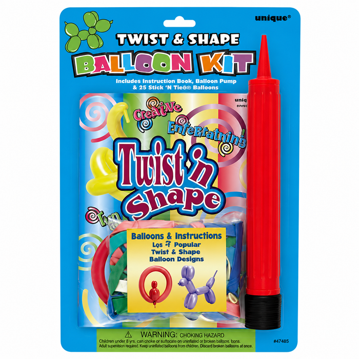 Twist-N-Shape Balloon Kit packaging with colorful twist balloons, red balloon pump, and instruction booklet.