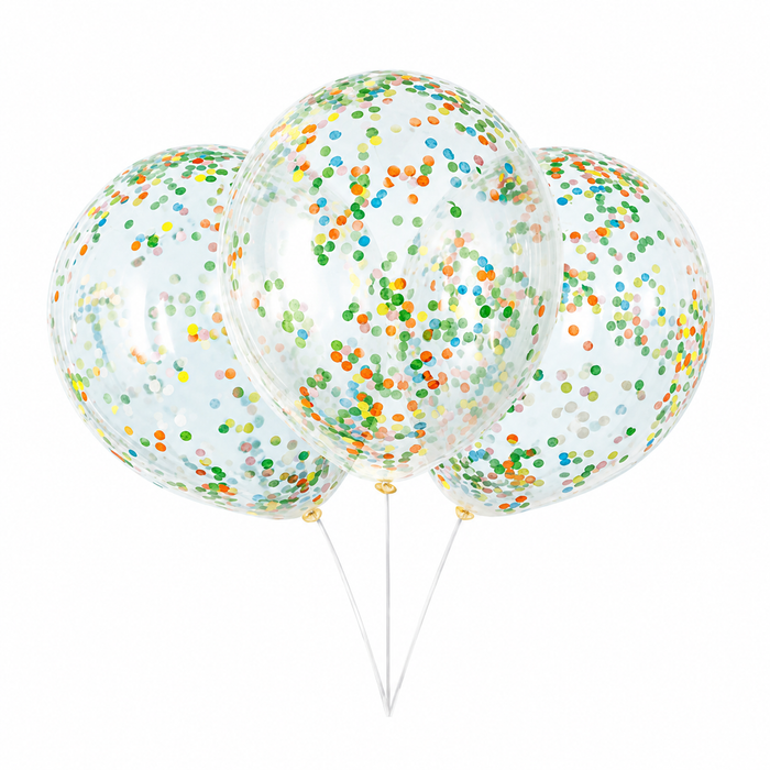 Clear 12-inch latex balloons filled with multicolor confetti dots.