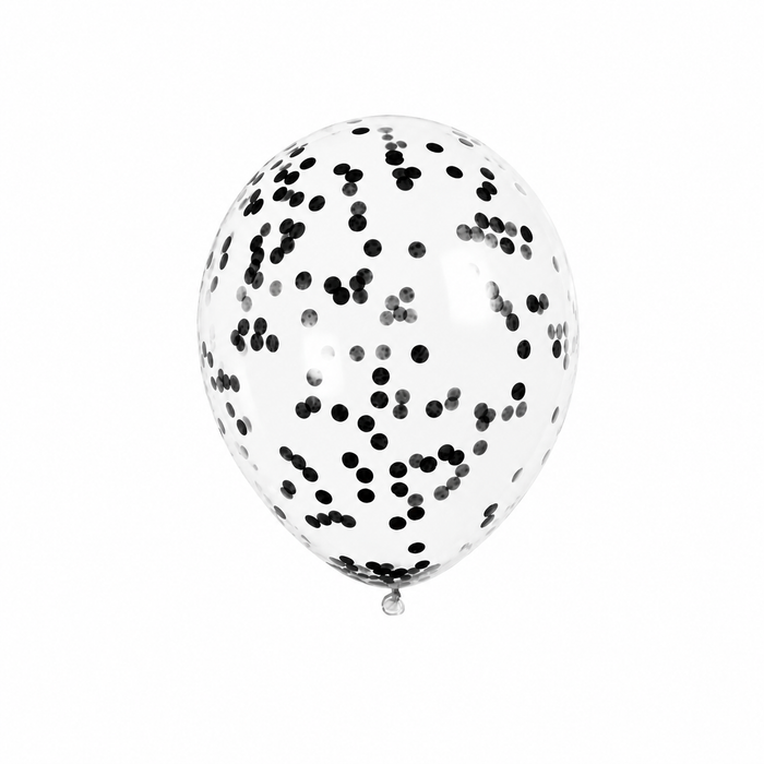 Clear 12-inch latex balloon filled with black confetti dots on a white background.
