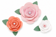 Assorted DIY paper flower decorations shown in pink, coral, and white with layered petals and green leaf accents on a white background.