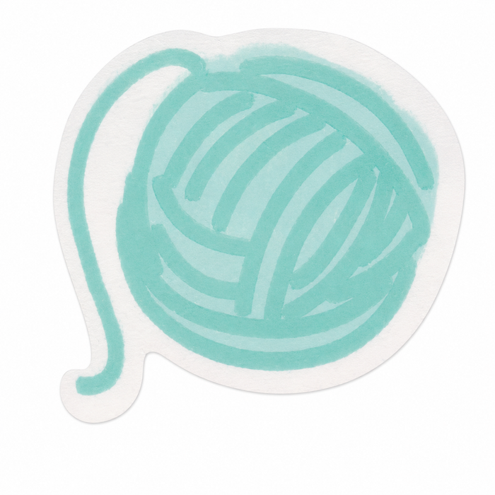 Yarn ball shaped lunch napkin with teal watercolor-style yarn design and white border for a paw party or cat-themed celebration.
