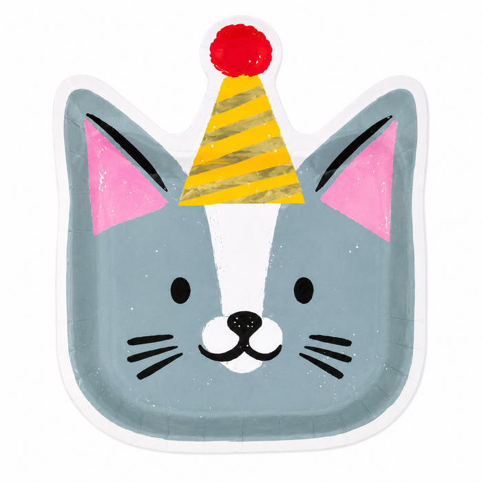 Cat shaped 10-inch party plate with gray face, pink ears, whiskers, white face stripe, and yellow striped party hat with red pom detail.