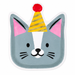 Cat shaped 10-inch party plate with gray face, pink ears, whiskers, white face stripe, and yellow striped party hat with red pom detail.