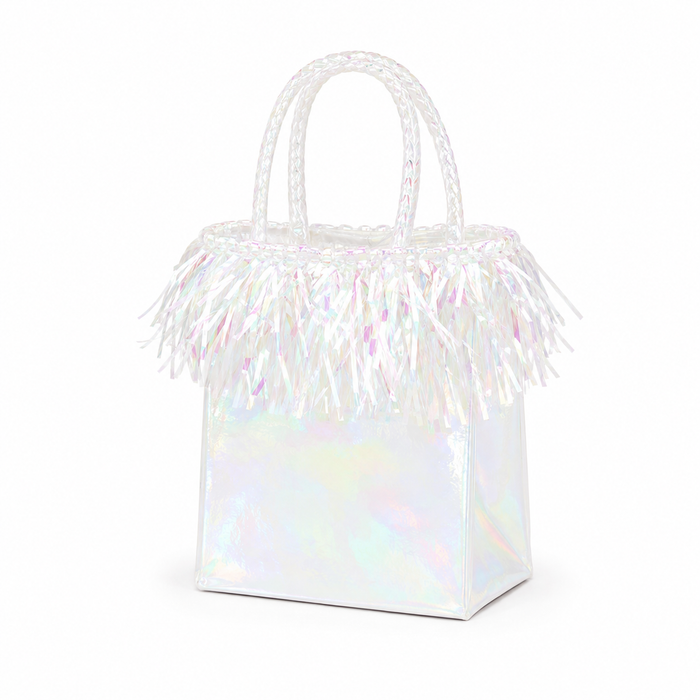 Iridescent mini balloon weight shaped like a small gift bag with braided handles and shiny fringe trim.