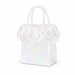 Iridescent mini balloon weight shaped like a small gift bag with braided handles and shiny fringe trim.