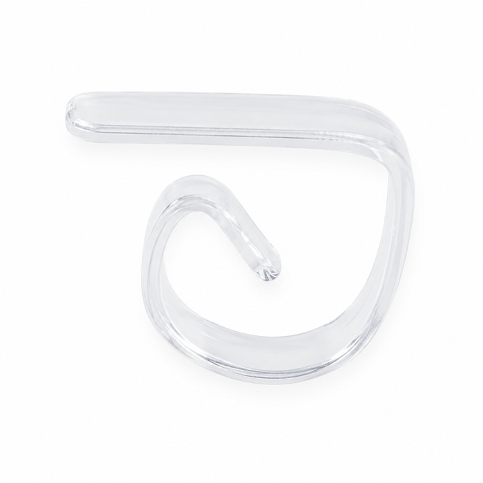 Clear plastic tablecover clip with a curved hook shape for securing party tablecovers to table edges.