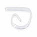 Clear plastic tablecover clip with a curved hook shape for securing party tablecovers to table edges.