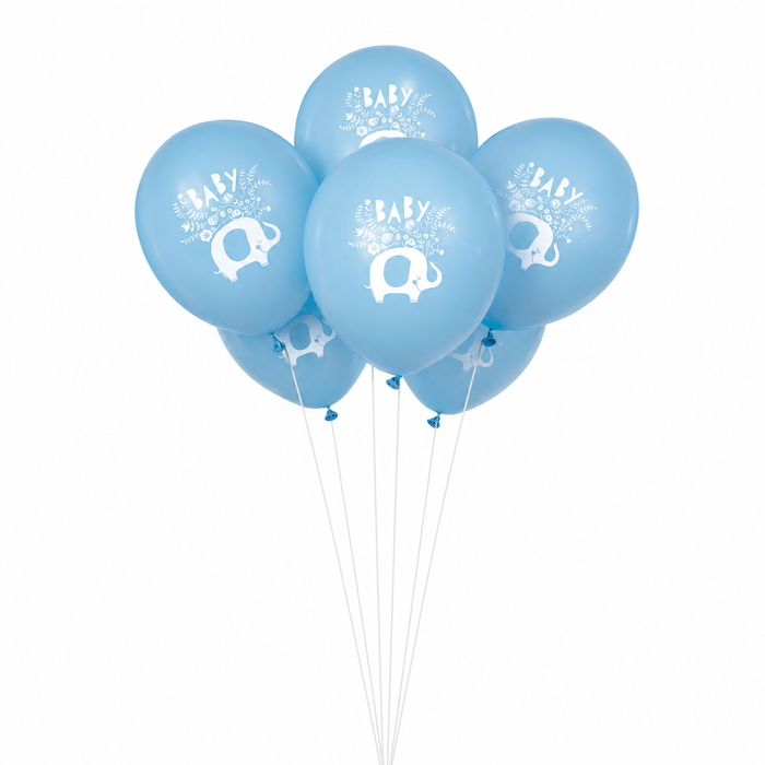 Blue floral elephant 12-inch latex balloons with white “Baby” lettering, elephant graphics, and floral details in a balloon bouquet.