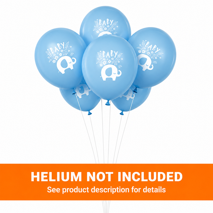 Blue floral elephant 12-inch latex balloons with white “Baby” lettering, elephant graphics, and floral details in a balloon bouquet with Helium Not Included banner.