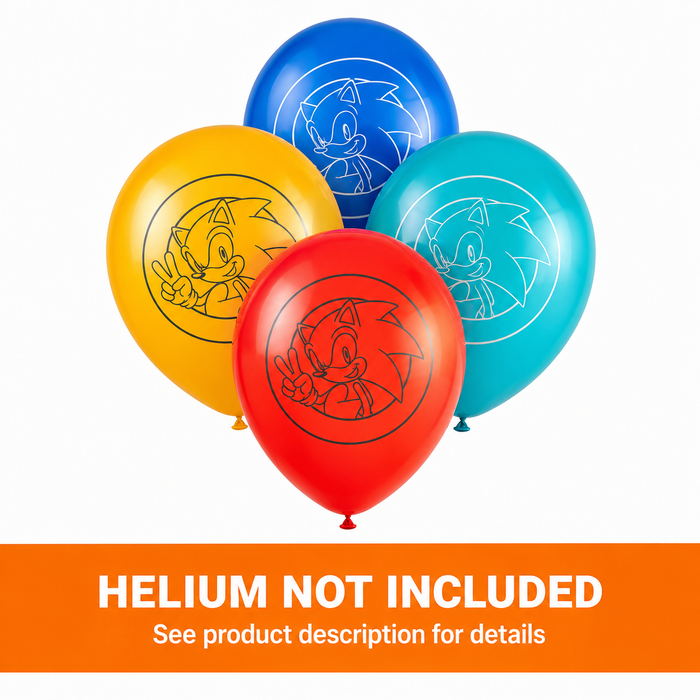 Sonic 12-inch latex balloons in red, yellow, blue, and teal with Sonic character line art designs with Helium Not Included banner. 